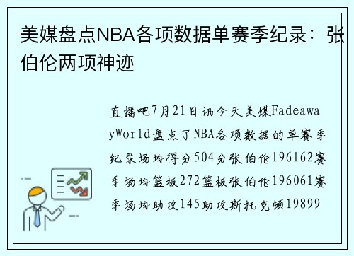 美媒盘点NBA各项数据单赛季纪录：张伯伦两项神迹