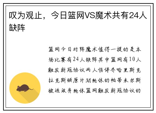 叹为观止，今日篮网VS魔术共有24人缺阵